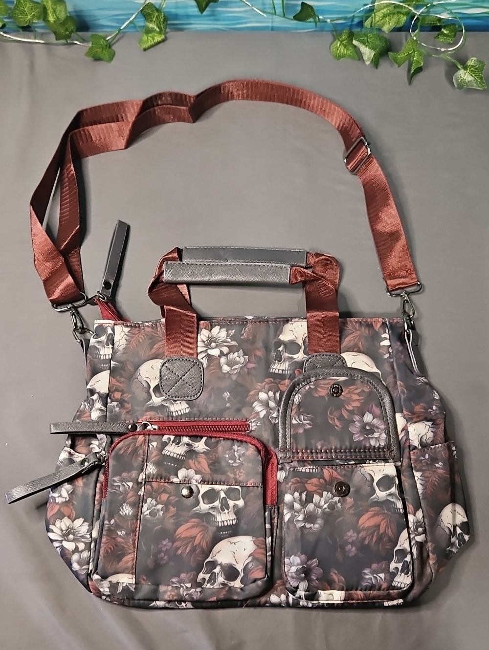 Skull Floral Print Crossbody Tote Bag in Brown